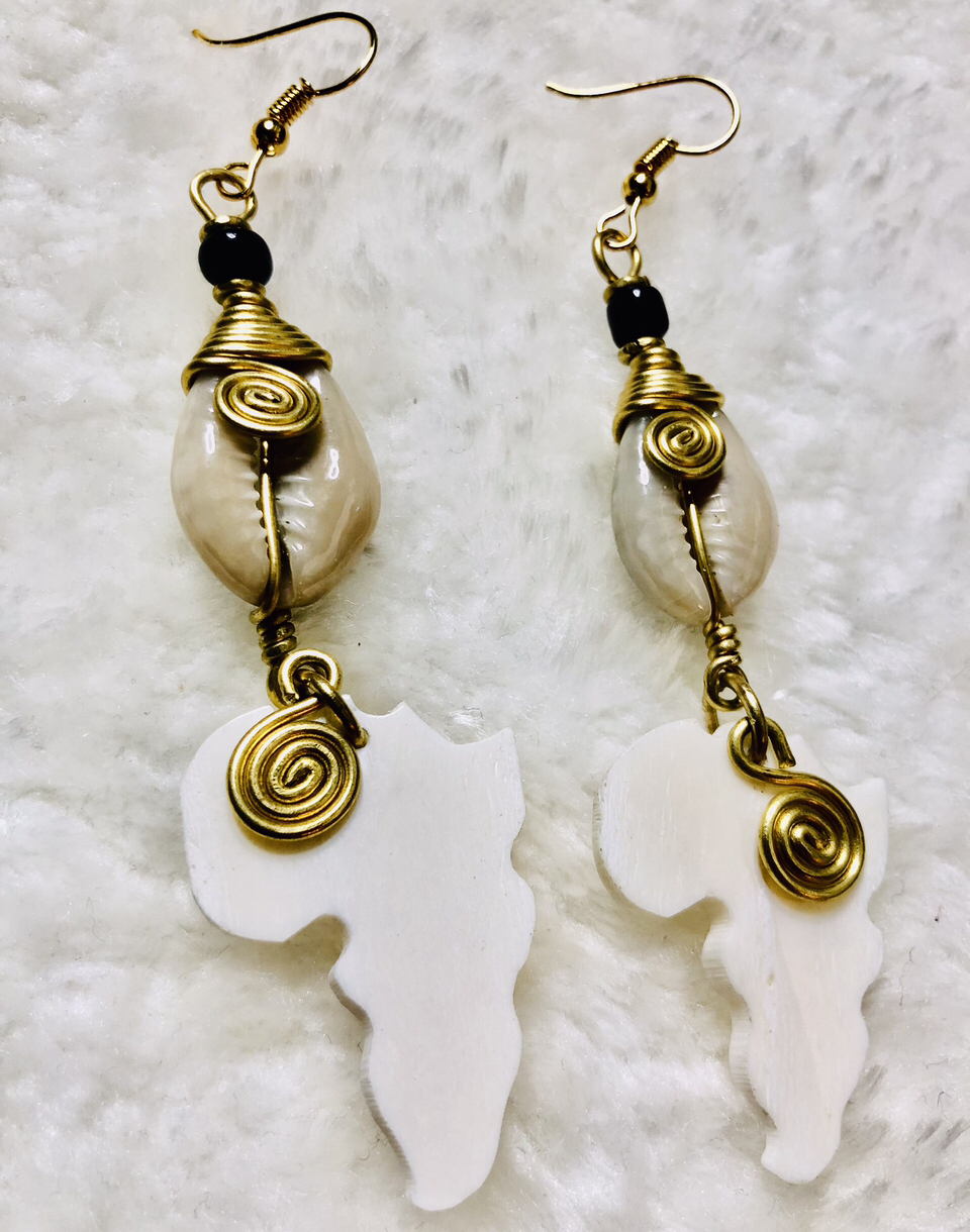 "Africa, Milky Wood Map Africa Cowries" Earrings